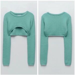 Zara Women’s Medium Teal Green Fuzzy Arm Warmer Cropped Sweater Top Shrug M